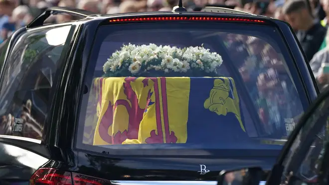 The wreath on the coffin is made up of flowers from the Balmoral estate including sweet peas - one of the Queen's favourite flowers - dhalias, phlox, white heather and pine fir.