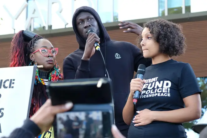 Rapper Stormzy at a protest for Chris Kaba