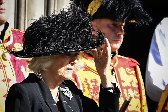 Camilla, Queen Consort, arrives at the service of Thanksgiving for the life of Queen Elizabeth II at St Giles' Cathedral in Edinburgh