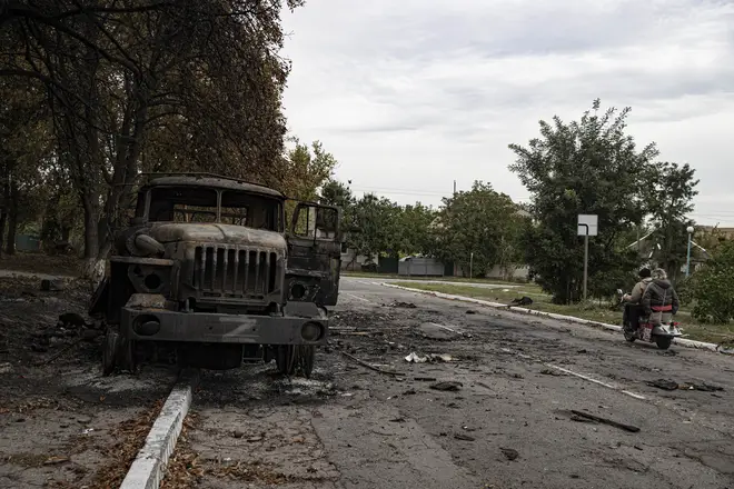 A wrecked Russian military vehicle after the Ukrainian army liberated the town of Balakliya