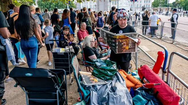 Royal Family superfan John Loughrey and friends arrive on The Mall to camp out and stake a place seven days and nights before the funeral of Queen Elizabeth