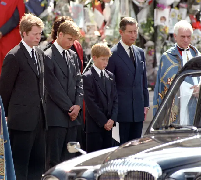 William, Harry and Charles at Diana's funeral in 1997