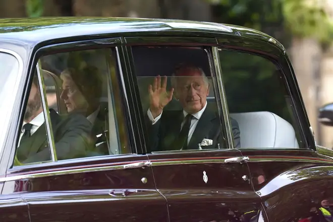 King Charles III leaving Clarence House, London, ahead of the ceremonial procession of the coffin of Queen Elizabeth II