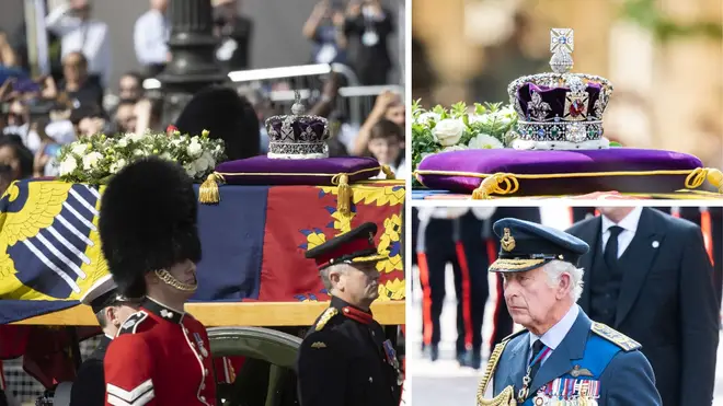 Flowers from the Queen's garden joined the Imperial State Crown on top the Queen's coffin