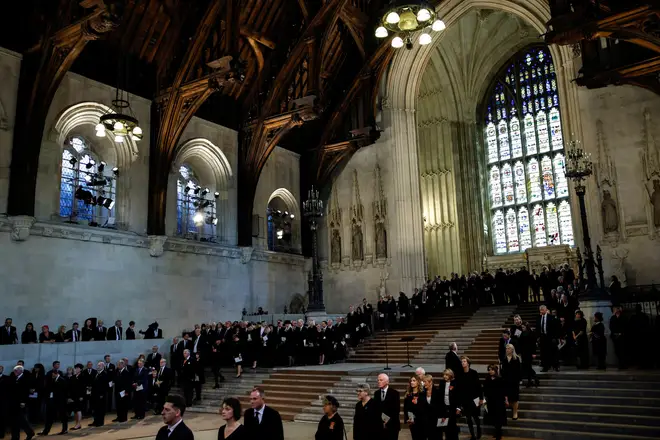 People queue to view the coffin of Queen Elizabeth II as it lies on the catafalque in Westminster Hall