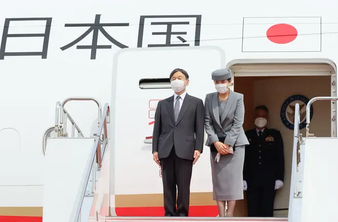 Japanese Emperor Naruhito (L) and Empress Masako (R) leave for London to attend the state funeral of Queen Elizabeth II