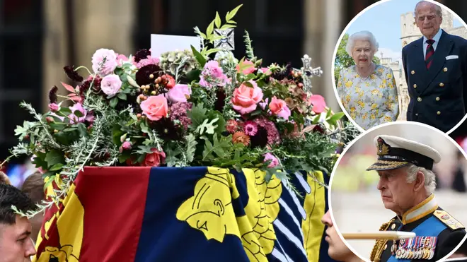The wreath placed on top of the Queen's coffin for her funeral includes a bunch of flowers from her wedding to her late husband, Prince Philip, and a special tribute from King Charles