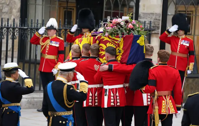 The Queen's coffin arrived at Westminster Abbey this morning in bright sunshine followed by an emotional King Charles. 