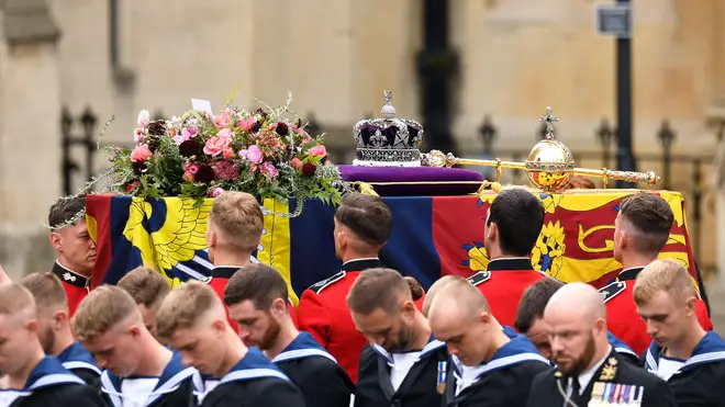 The Royal Standard flag on the Queen's coffin