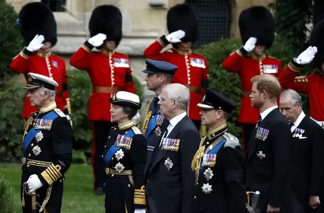 King Charles III, Anne, Princess Royal, Prince William, Prince of Wales, Prince Andrew, Duke of York, Prince Edward, Duke of Kent, Prince Harry, Duke of Sussex arrive at St. George's Chapel