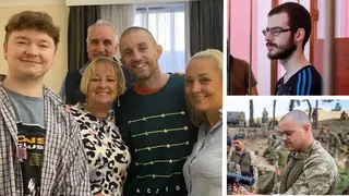 Shaun Pinner (pictured centre in dark top) has been pictured with his family, whilst Aiden Aslin (bottom right) and Dylan Healy are among four other British nationals to have arrived home after being held prisoner in Russia