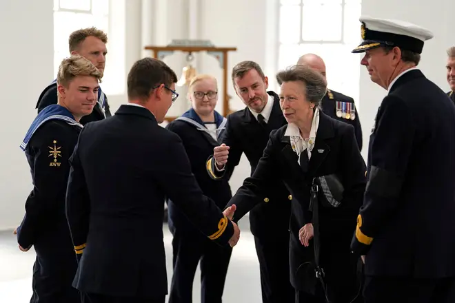 Princess Anne has also been thanking those involved in the services, pictured here meeting members of the Royal Navy involved in the funeral.