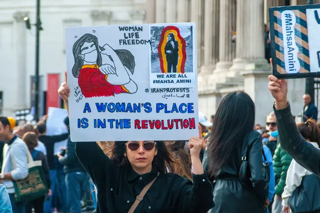 A woman protesting in London on Saturday