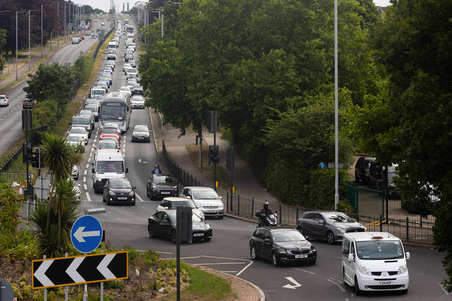 Heavy traffic builds on the A316 Chertsey Road in Twickenham...