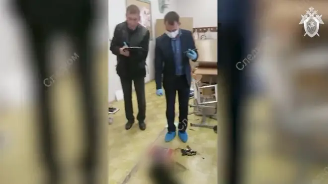 Russian officials posted a video showing the inside of a classroom where the gunman died