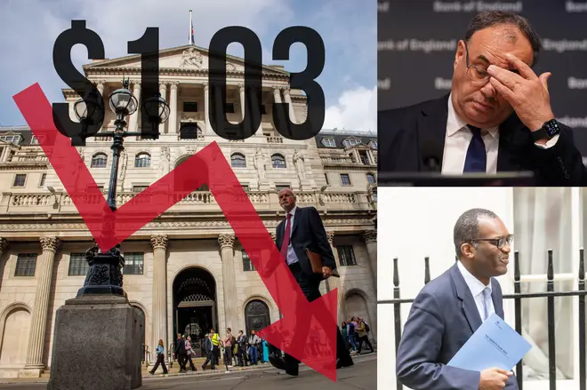 The pound has fallen to its lowest today, (top) Andrew Bailey (bottom) Kwasi Kwarteng