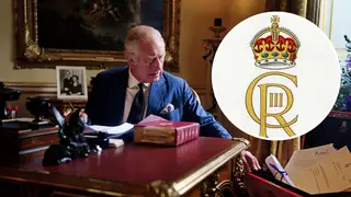 King Charles carrying out official duties and inset of new monogram