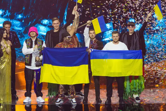 Ukrainian band Kalush Orchestra receives the award on stage of Eurovision Song Contest Final.