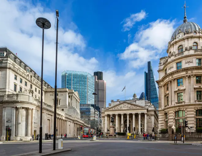 City of London (financial district) from Mansion House St with Bank of England (left) and Royal Exchange (centre), London, UK