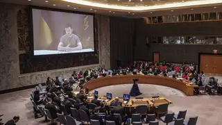 Ukraine President Volodymyr Zelensky addresses the United Nations Security Council by video