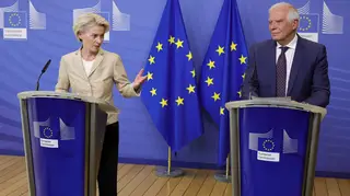 European Commission president Ursula von der Leyen, left, and European Union foreign policy chief Josep Borrell address a media conference at EU headquarters in Brussels