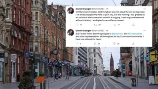 Daniel Grainger, the chairman of Young Conservative Network (YCN), said Birmingham was a 'dump' in a Tweet