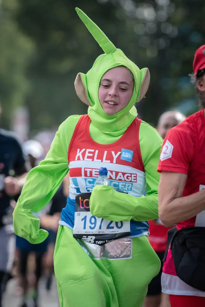 A woman dressed as a teletubby completes the gruelling course