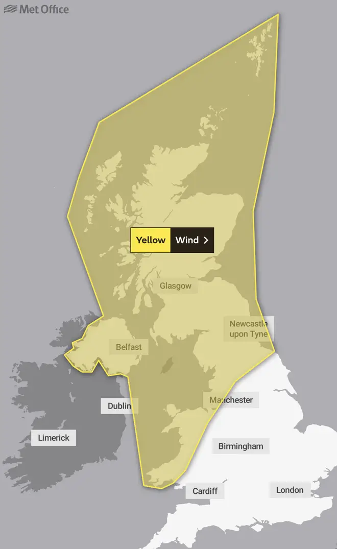 The Met Office has issued a yellow wind warning for much of the northern half of the UK.