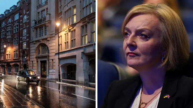 Liz Truss and picture of London street at night