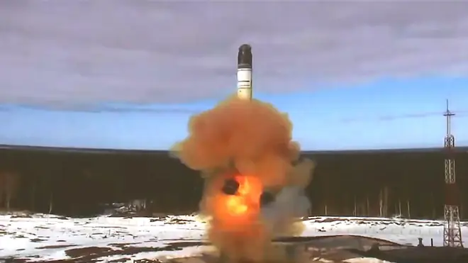 A Russian Sarmat missile is pictured during a weapons test
