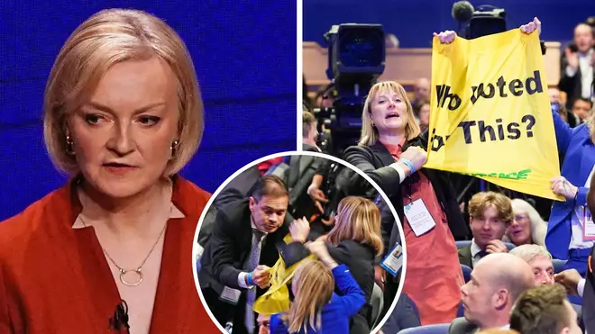 Liz Truss's tory conference speech was disrupted by Greenpeace protesters who accused the Government of breaking manifesto pledges