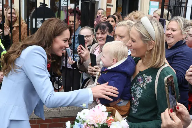The Princess of Wales meeting 1-year-old Barney Barr and his mother Laura-Ann Barr in Belfast