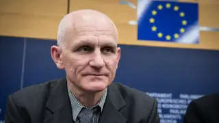 Strasbourg, France. 02nd July, 2014. A Belarussian human rights activist Ales Bialiatski (also transliterated as Ales Bialacki, Ales Byalyatski, Alies Bialiacki and Alex Belyatsky) gives the press conference during the second day of plenary session at the