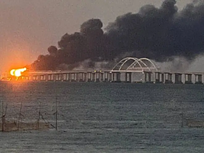 Picture of the explosion on the bridge between Crimea and Russia