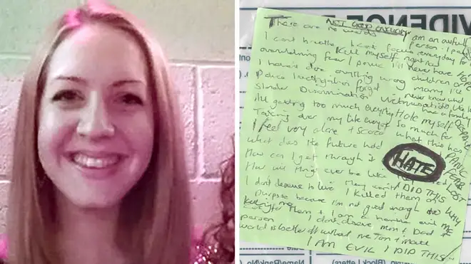 Nurse Lucy Letby (left) and the handwritten notes found in her house (right)