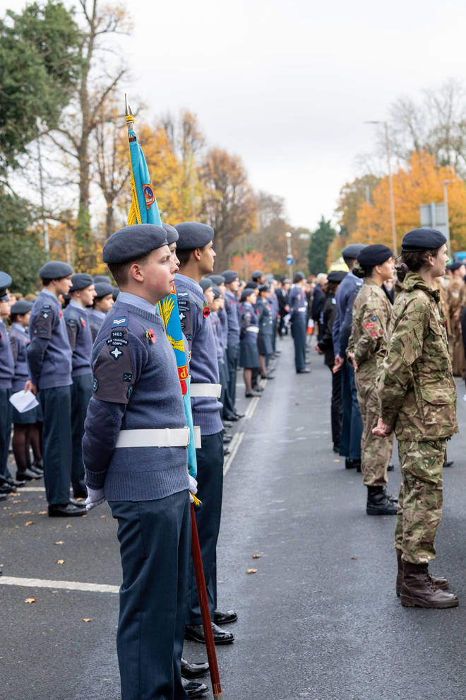 A Remembrance Sunday parade in Brentwood, Essex, in 2021