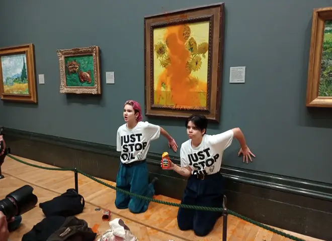 Two protesters poured soup over the Van Gogh painting yesterday