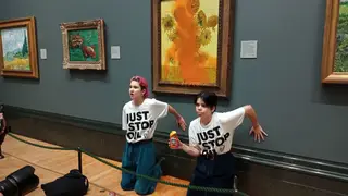 Two protesters poured soup over the Van Gogh painting yesterday