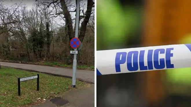 Police said the main road past Oakwood Hill Industrial Estate will remain closed after a man's body was discovered