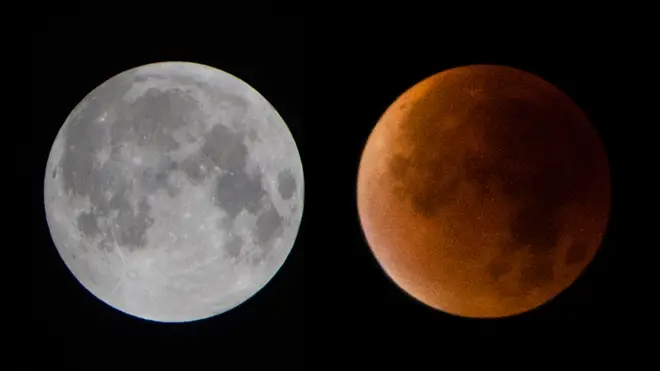 The moon during a total lunar eclipse appears reddish in comparison to normal.