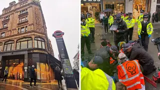 Protesters sprayed orange paint on the luxury store