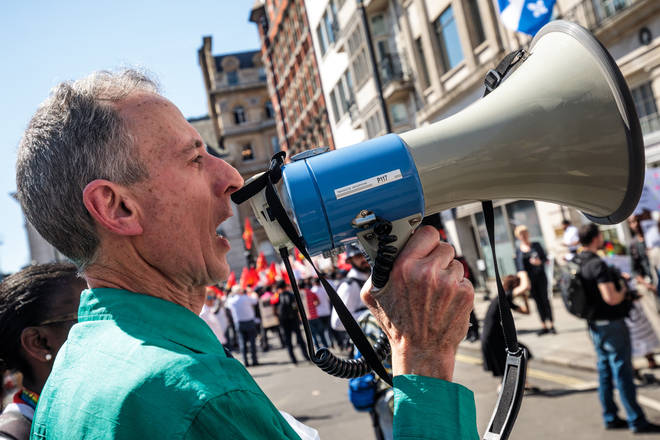 Peter Tatchell in a protest in London in 2018