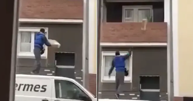 The moment a van driver throws a parcel from the roof of his van