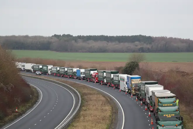 Lorries queue up on the M20 towards the Port of Dover