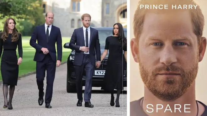 Prince Harry new book cover (spare) and Harry with William, Kate and Meghan