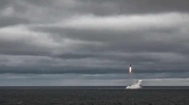 A Sineva ballistic missile is test-fired by the Tula Russian nuclear-powered submarine at Kura Test Range in the Barents Sea, Arctic Ocean as part of Russia's nuclear drills in photo released on October 26