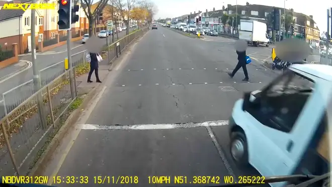 14-year-old pedestrian narrowly avoids being hit by van jumping red light