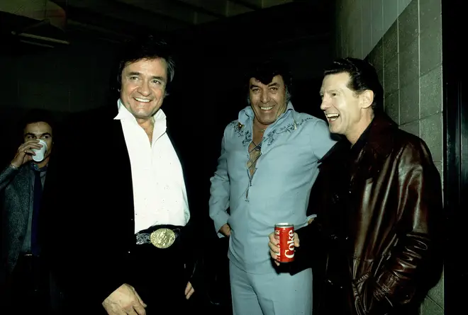 Singers Johnny Cash, Carl Perkins, and Jerry Lee Lewis in 1982