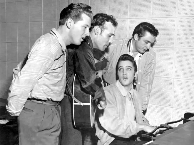 Jerry Lee Lewis, Carl Perkins, Elvis Presley and Johnny Cash as "The Million Dollar Quartet"
