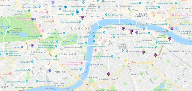 The purple pins show the location of the charging points in central London